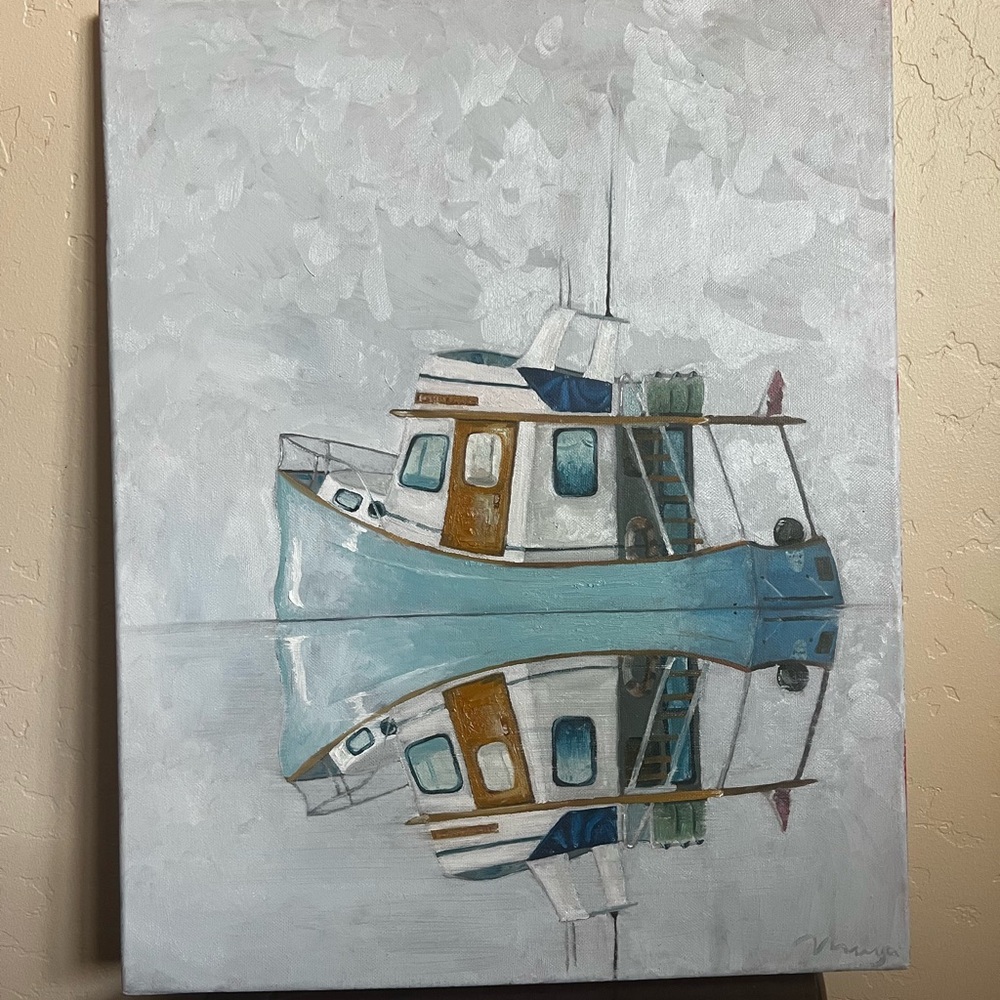 Designers Originals Serene Boat Reflection Painting - Blue and Brown
